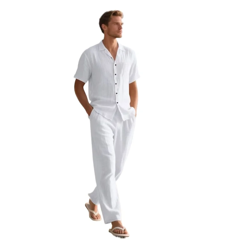 

Men 2 Piece Linen Outfit Beach Button Down Shirt Casual Loose Pant Sets