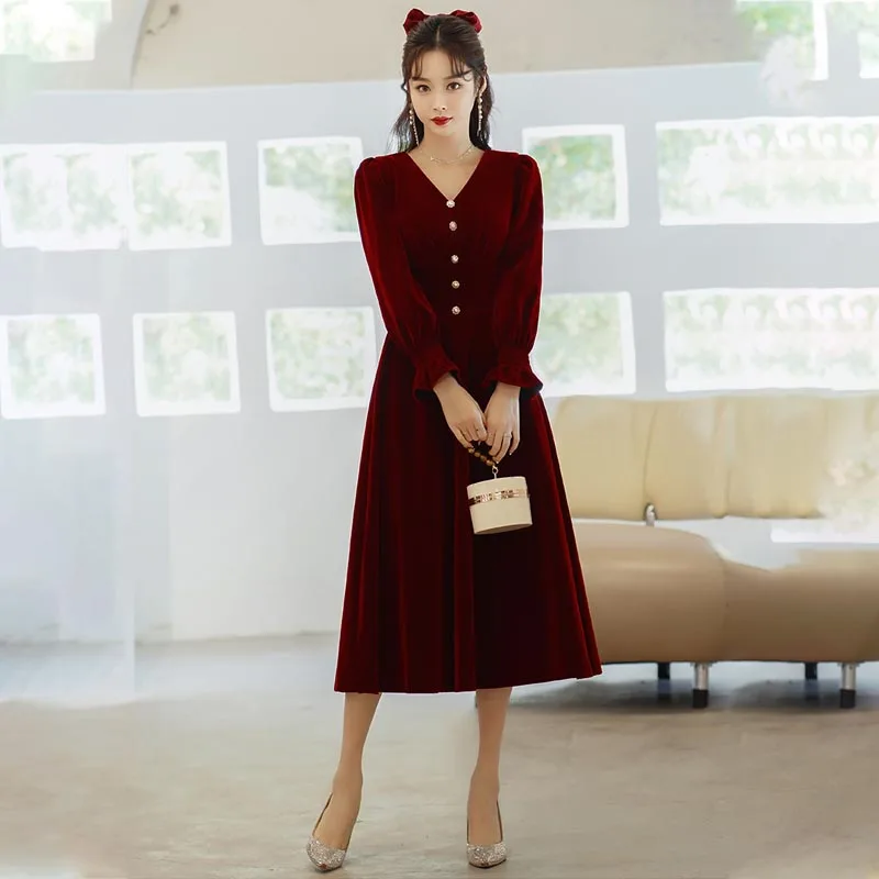 

Evening Dress Simple V-Neck Empire Full Sleeves Pleat Tea-Length Elegant A-Line Burgundy Velour Woman Formal Party Gown A2382