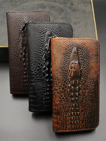 Carteras para hombre, carteras de cocodrilo, cartera fina para hombre, bolso de mano de cuero PU hecho con patrón de cocodrilo, bolso largo portafoglio uomo