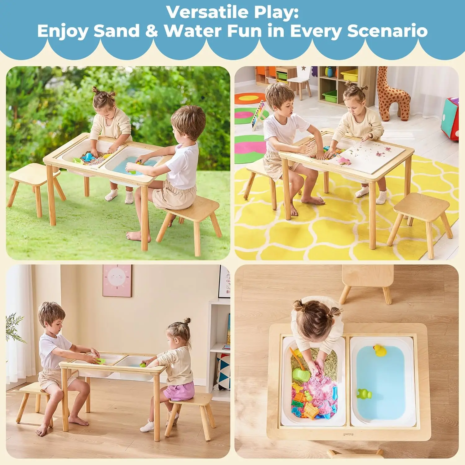 Mesa con 2 sillas y rollo de papel, mesa de actividades acuáticas y arena de madera con tablero de doble cara y contenedores de almacenamiento plegables para niños