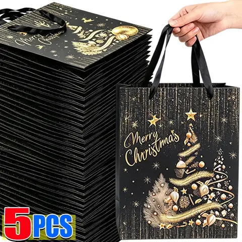 1/5 Peças Sacola de Presente de Natal Preta e Dourada de Luxo em Papel com Alça de Fita, Embalagem Elegante para Presentes de Natal e Decoração de Festas