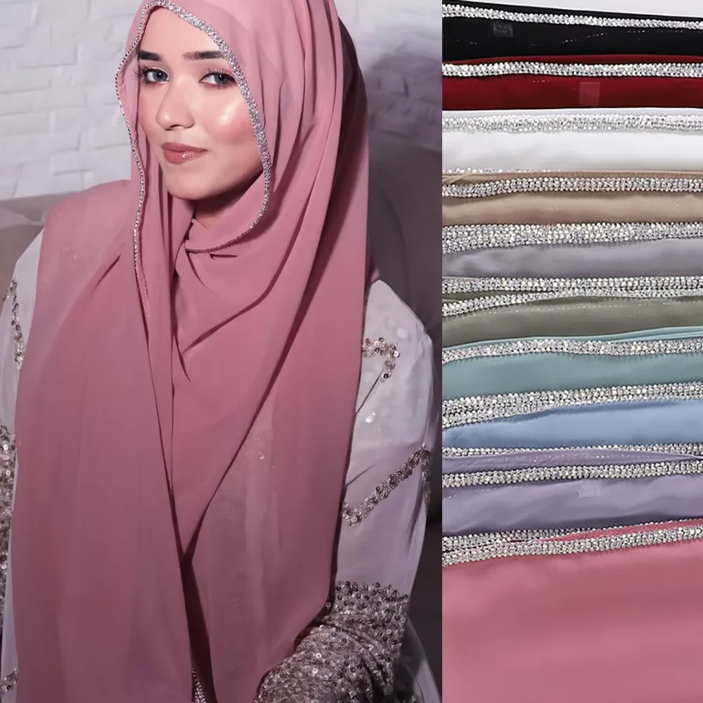 Bufanda Hijab de gasa con borde de cristal brillante, pañuelo para la cabeza, diademas para mujer, Foulard En Mousseline, Hijabs para mujer, turbante para mujer