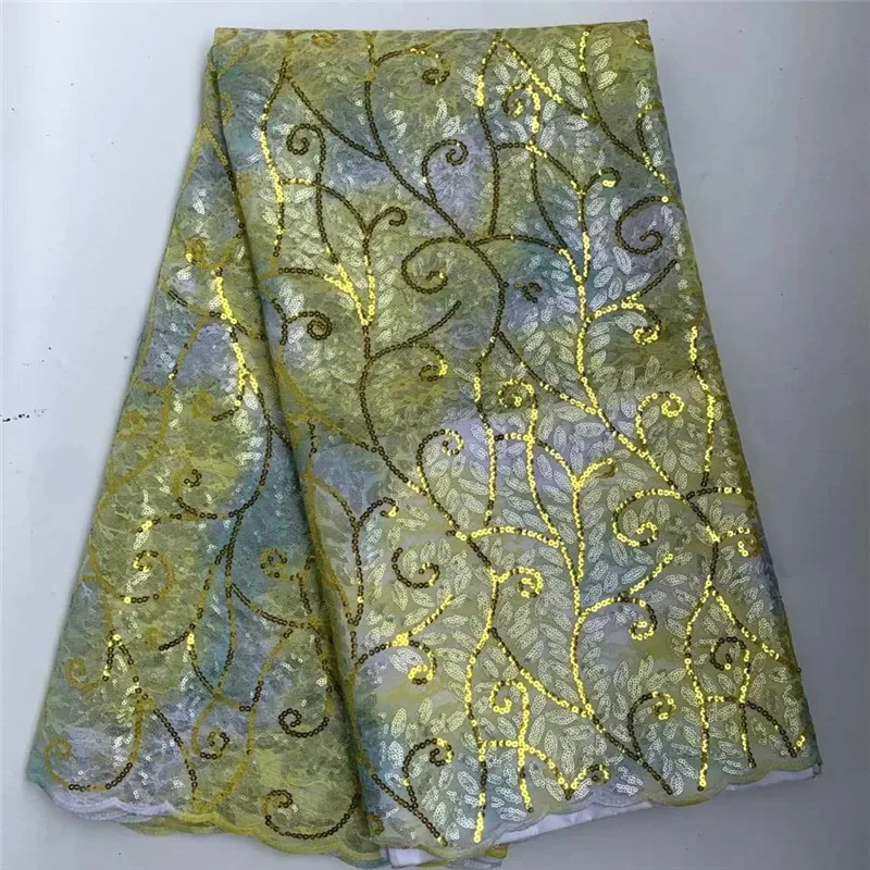 

5 Yard Hot Selling French Lace With Sequins African Tulle Cord Guipure Lace Net Embroidered Fabric For Wedding Party PSJF42001