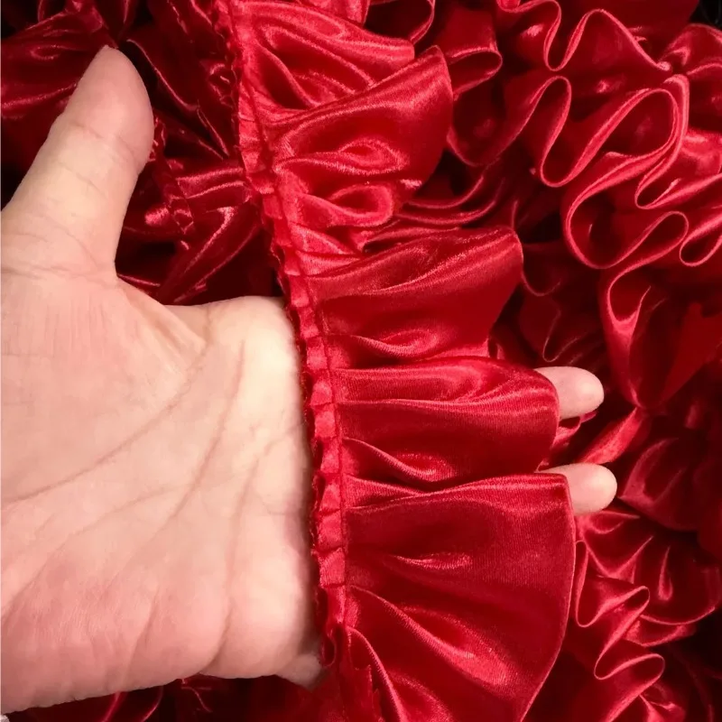 Ruffle Lace Trim Fabric Red Wide Dense Pleated Scalloped for Wedding Bridal Handmade Hair Accessories Apparel Bag DIY Sewing