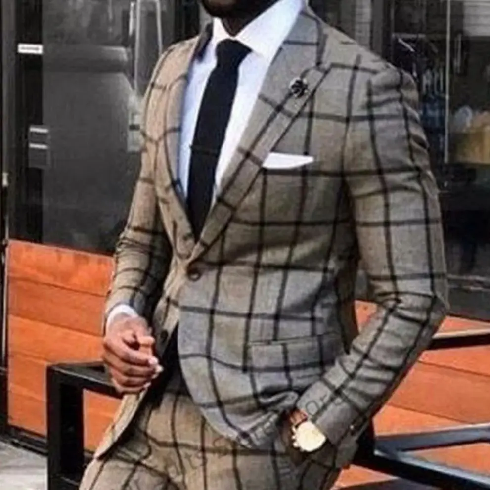 

Classic Dark Grey Plaid Wedding Suits For Men Slim Fit Peak Lapel Groom Tuxedos 2 Pieces Sets Business Male Blazer Costume Homme