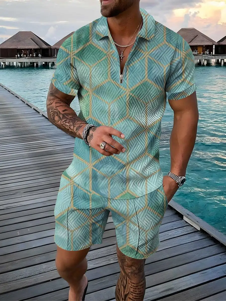 Summer New Men's Fashion Short-sleeved Zipper Polo Shirt + Shorts Suit Outdoor Geometric Pattern 3d Printing Street Suit