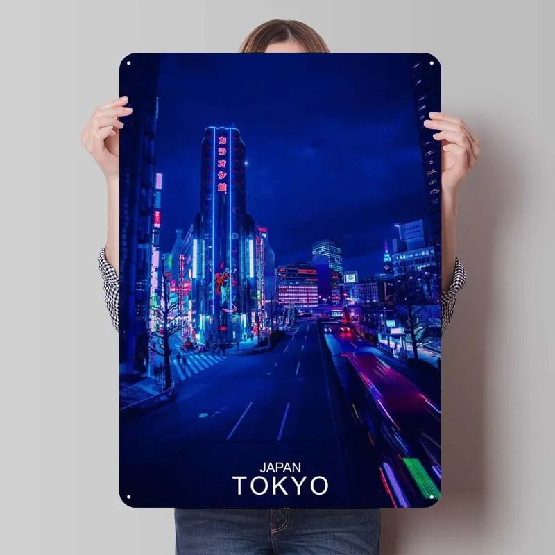 Japan Tokyo Cyberpunk City Skyline Metal Poster Bathroom Decor Vintage Metal Tin Sign for Wall Art Decoration Outdoor Decors