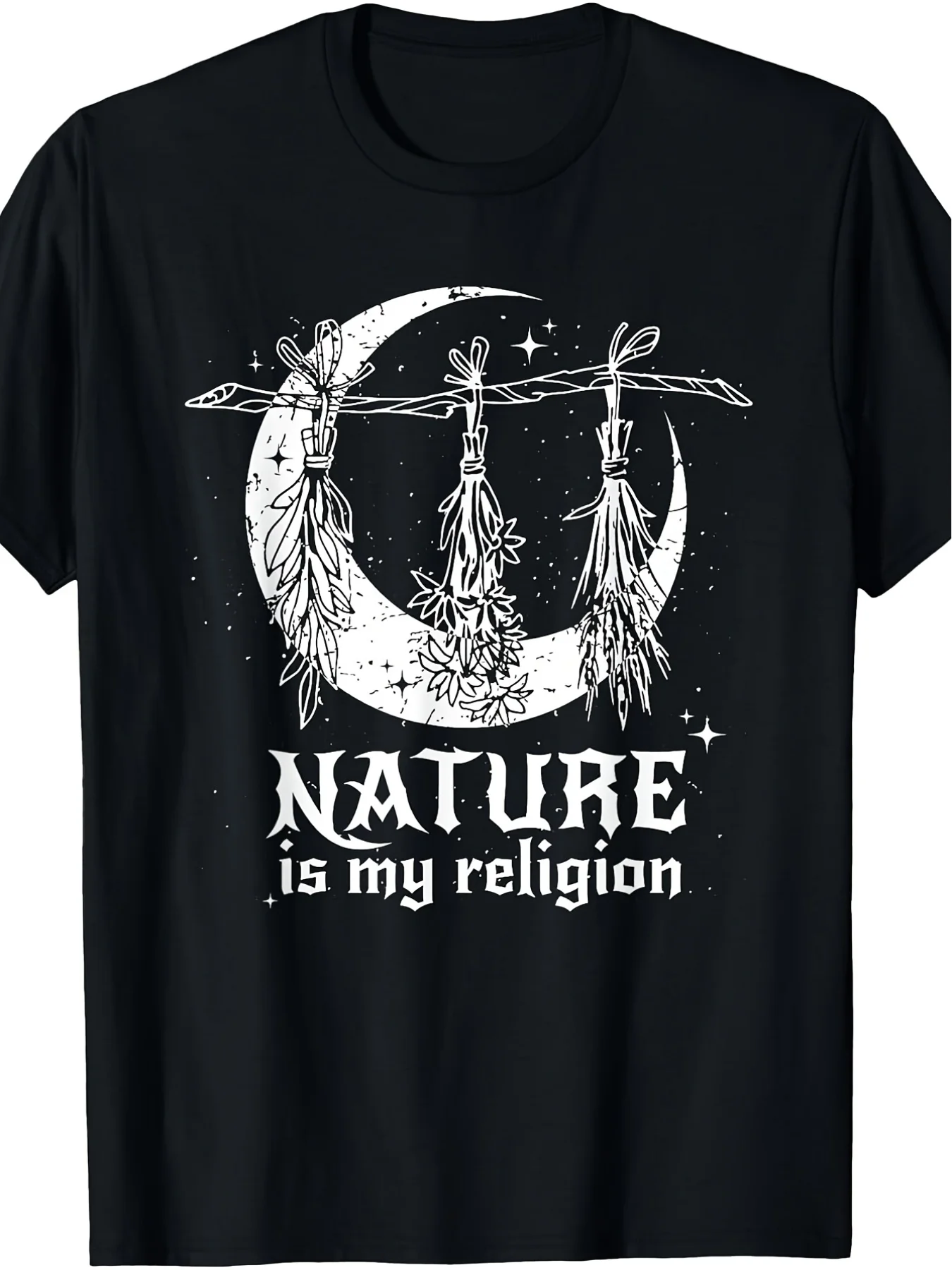 Vintage Witchcraft Pagan Witch T-Shirt - New Moon and Witchcraft Pattern, Suitable for Witchcraft Attire, Machine Washable Round Neck Casual T-Shirt, Suitable for Pagan Religious Year-Round Wear, Can Be Paired with Various Year-Round Outfits