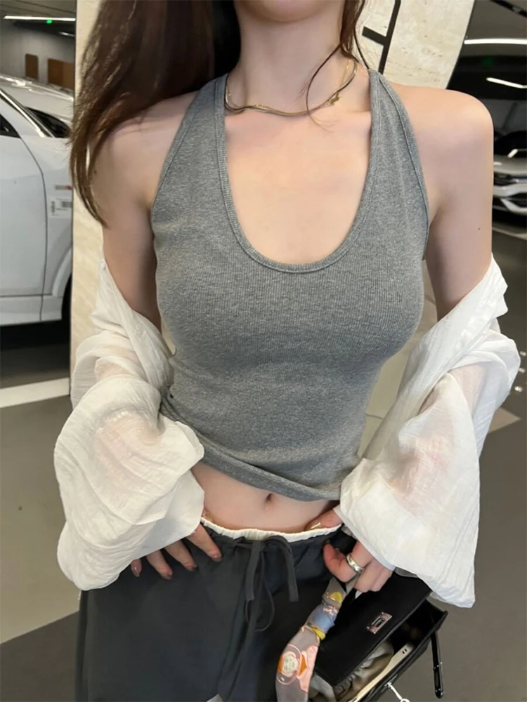 Y2K Solid Color Ribbed Halter Neck Cami Top Women Scoop U Neck Sleeveless Backless Bodycon Cropped Tank Summer Street Outfit