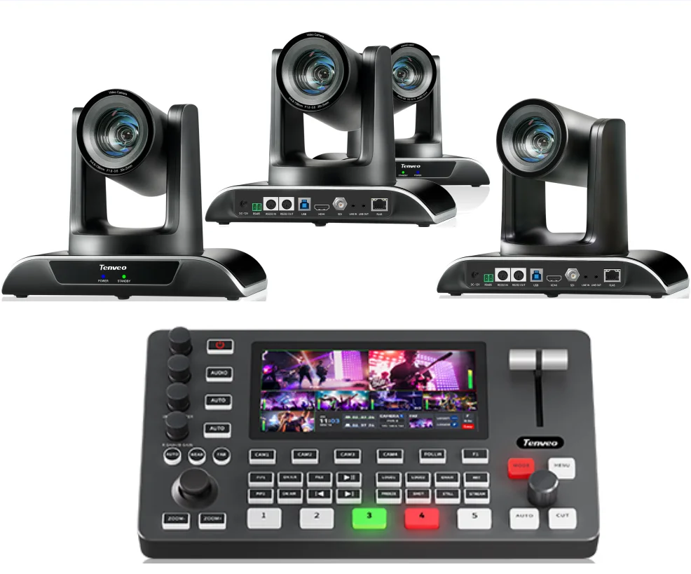 Tenveo 4PCS 1080P60FPS 30X ZOOM PTZ Conference Camera & 5.5Inch Screen Video Mixer Switcher Professional Live Streaming Solution