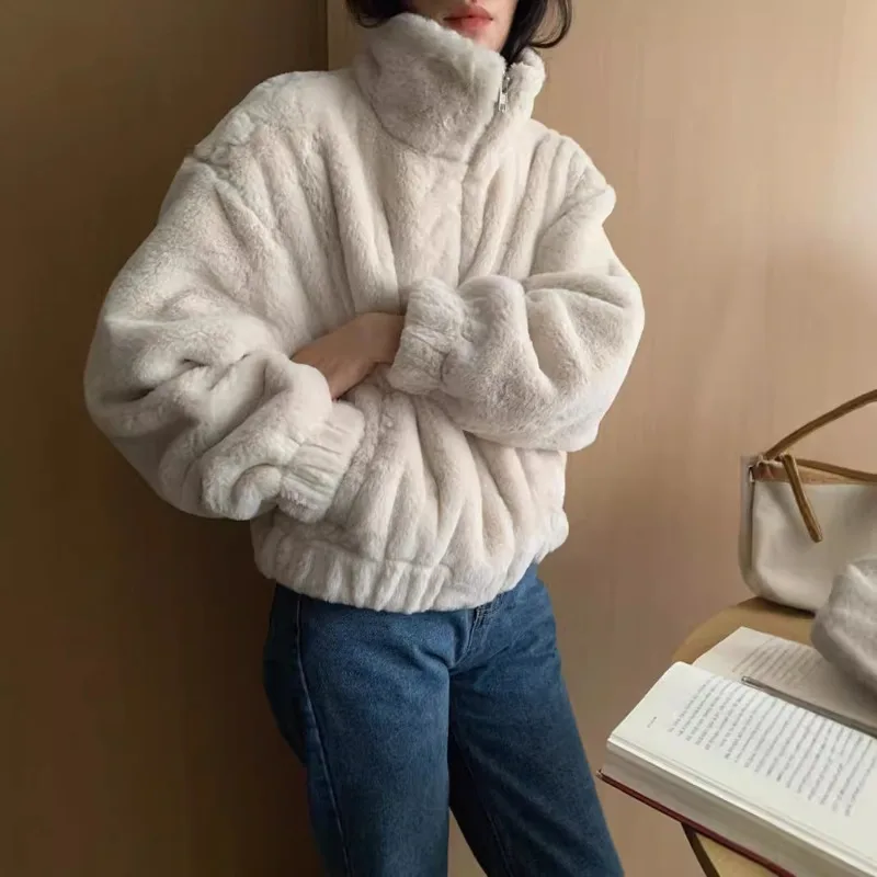 Women Winter Fleece Warm Coat Stand Collar Plush Thick Sweatshirts Female Korean Fashion Casual Long Sleeve Zipper Clothes Y2k