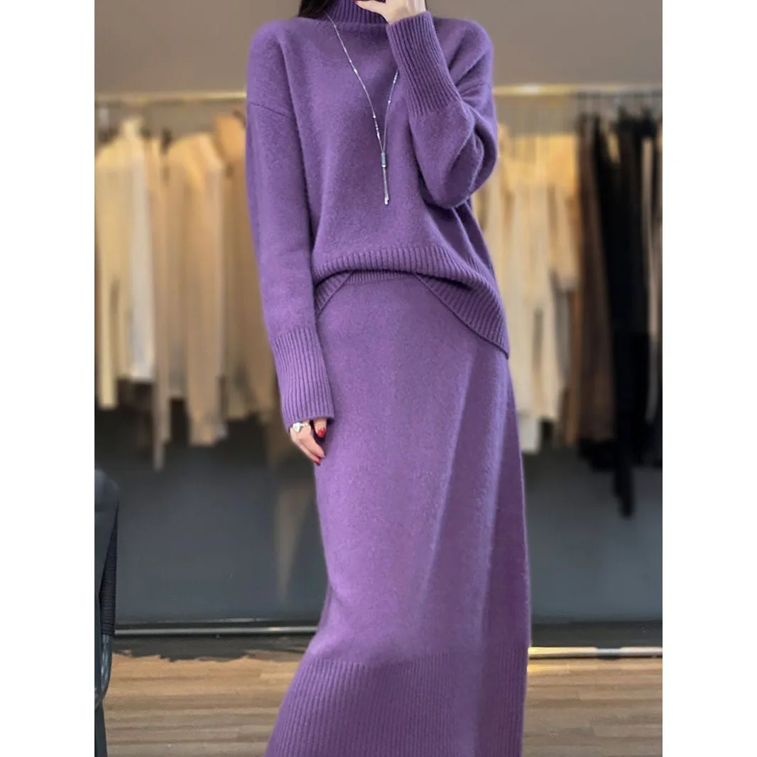 

Women's High Neck Sweater Set for Autumn and Winter Solid Color Simple and Casual Temperament Knitted Sweater Two-piece Set