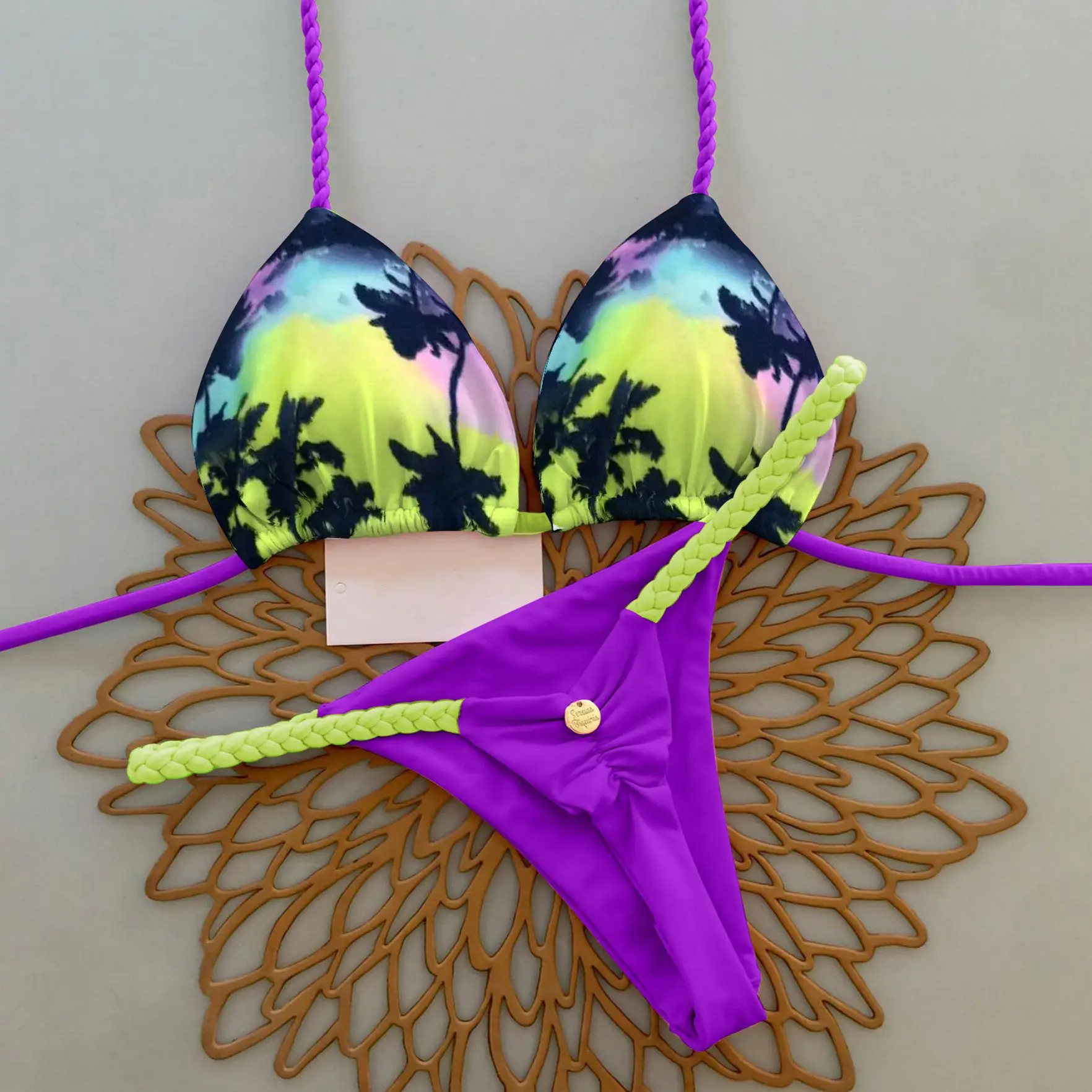 

Leaf Print Contrast Color Design Fashionable Bikini Set Sexy G-string Women's Split Swimsuit