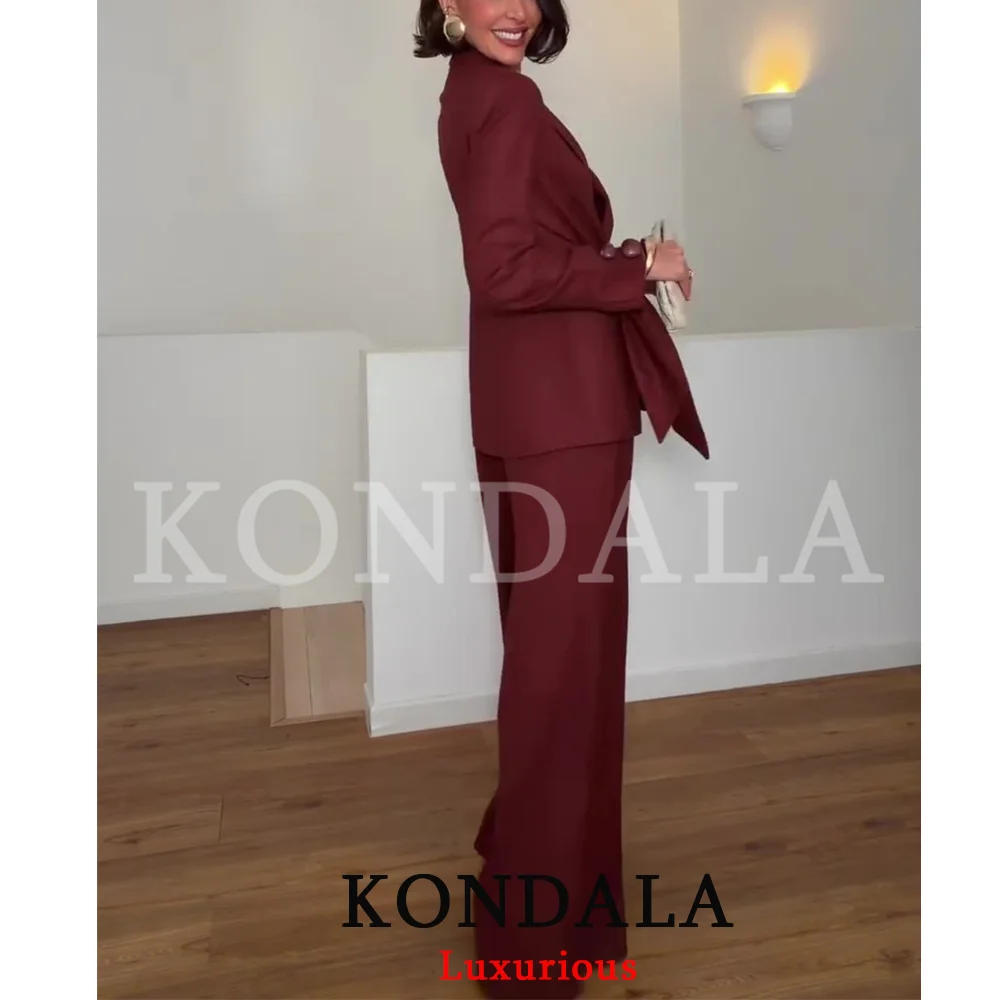 KONDALA Vintage Office Lady Solid Suit V Neck Long Sleeve Belt Blazer Loose Pants Fashion 2026 Spring Summer Elegant Female Sets