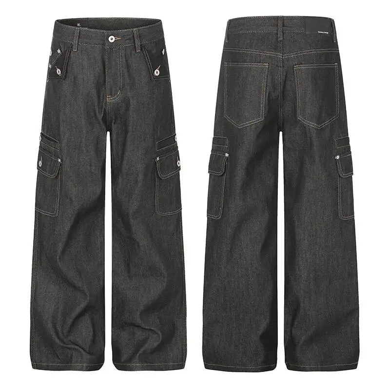 Wide Leg Silhouette Straight Multi Pocket Irregularly Deconstructed Raw Denim Men's Cargo Jeans Trendy New Trousers QFGV