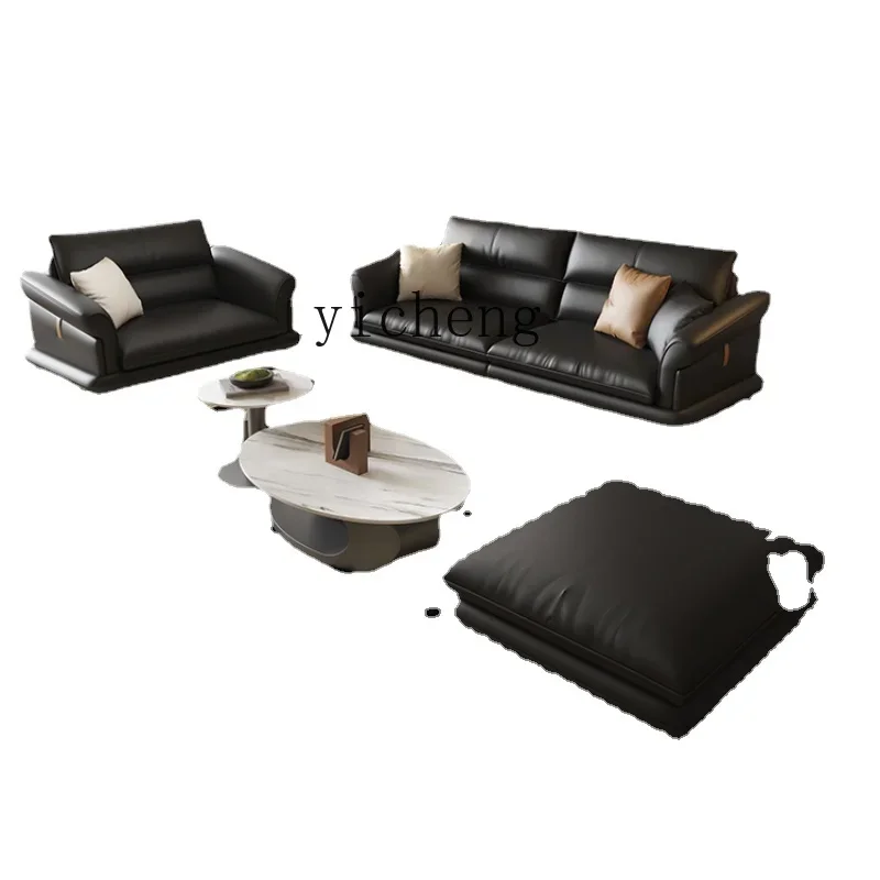 

Zf Light Luxury Modern Black Retro Leather Sofa First Layer Cowhide Italian Living Room Large and Small Apartment
