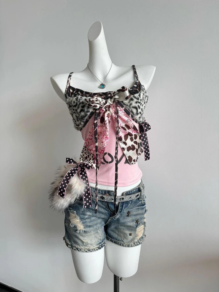 Harajuku Vintage Amerikanische Ärmellose Camisoles mit Patchwork-Leopardenmuster für Damen, Lässige Y2k Subkultur Retro-Tops mit Spitze, Figurbetonte Sexy Sommer-Tanktops