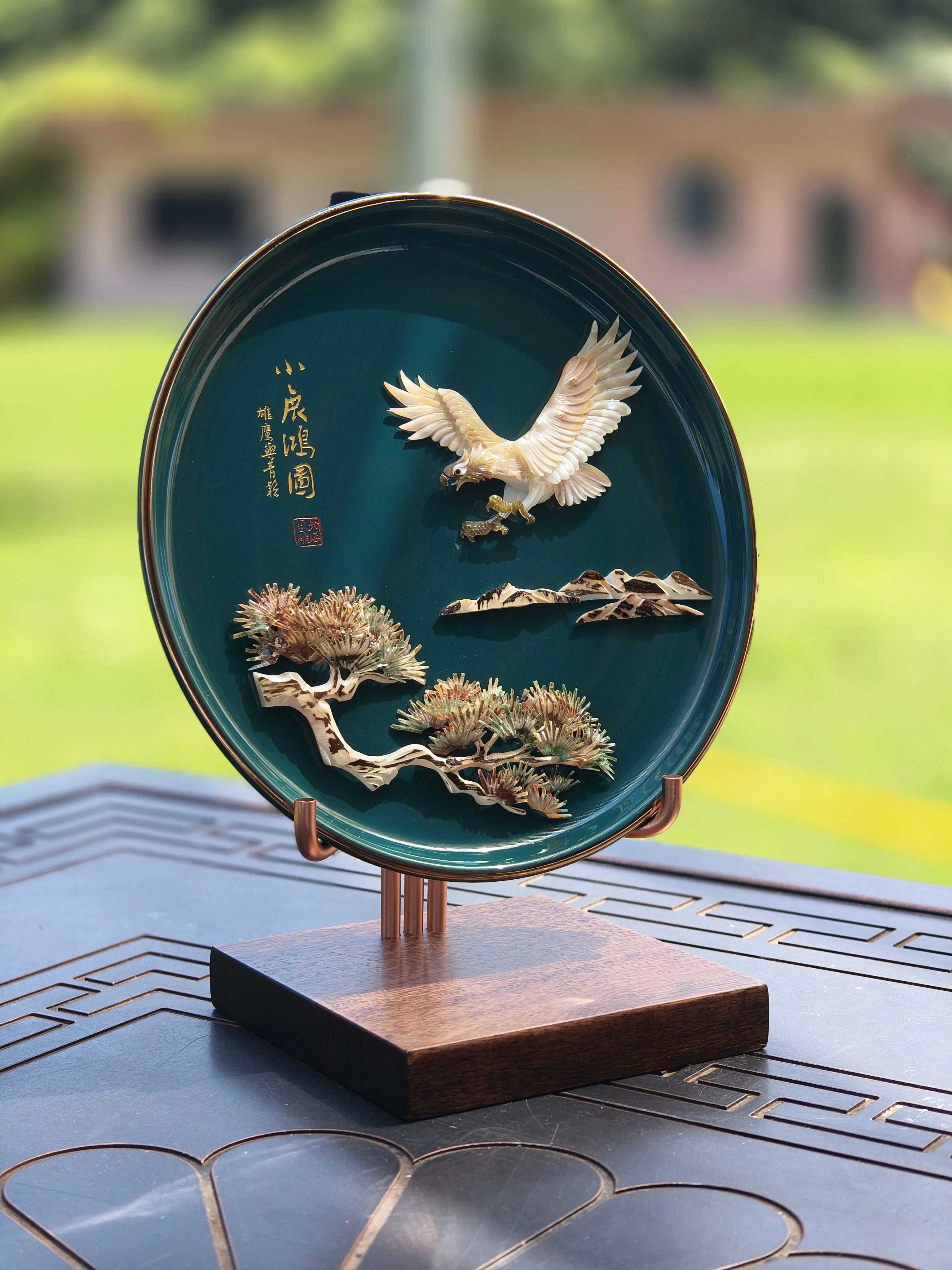 100% Hand-Carved Natural Shell ICH New Chinese Porcelain Plate, Living Room Study Decor Craft, Creative Shell Gift