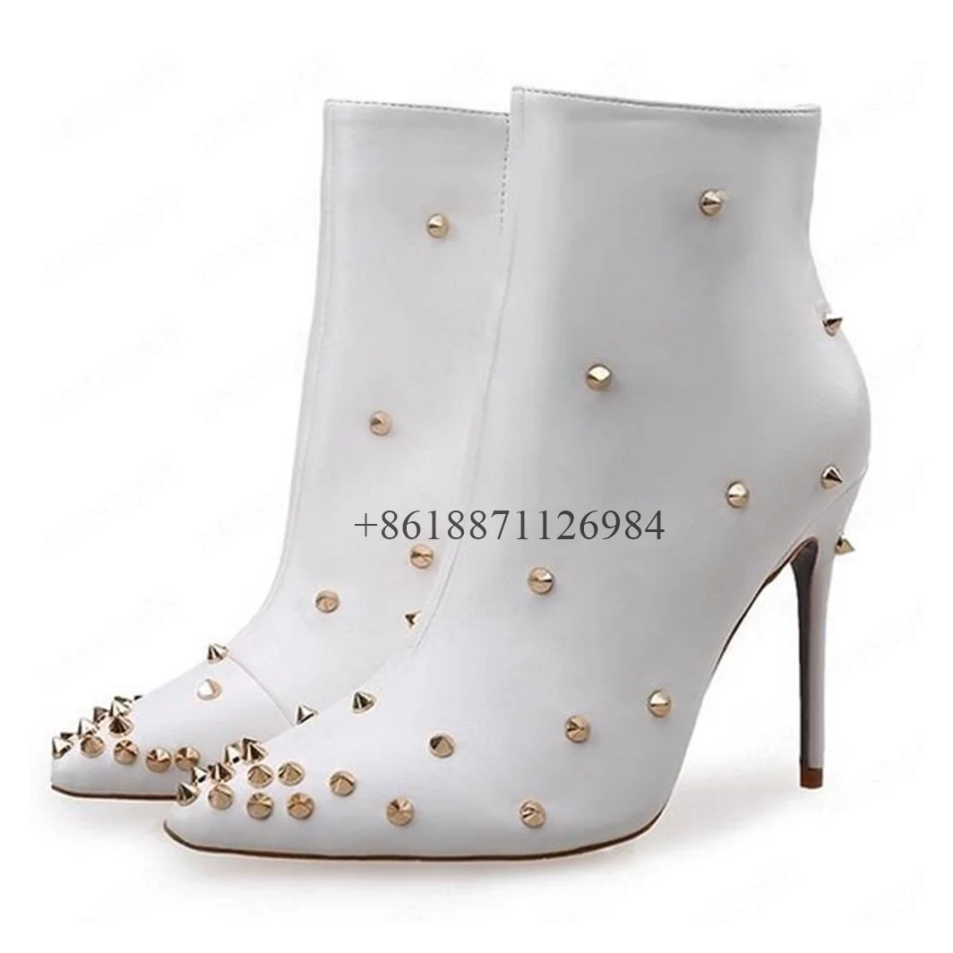 

Sexy Style Soild Ankle Pointed Toe Women Boots With Rivet Stiletto High Heels Side Zipper Design Large Size Fashion Show Shoes