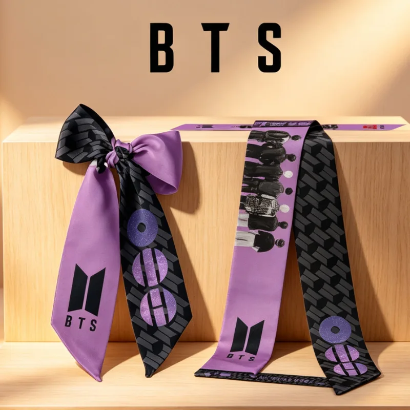Nouveau Foulard en Satin Violet et Noir BTS, Ruban Nœud, Accessoire Cheveux, Foulard de Cou, Cadeau d'Anniversaire pour les Fans