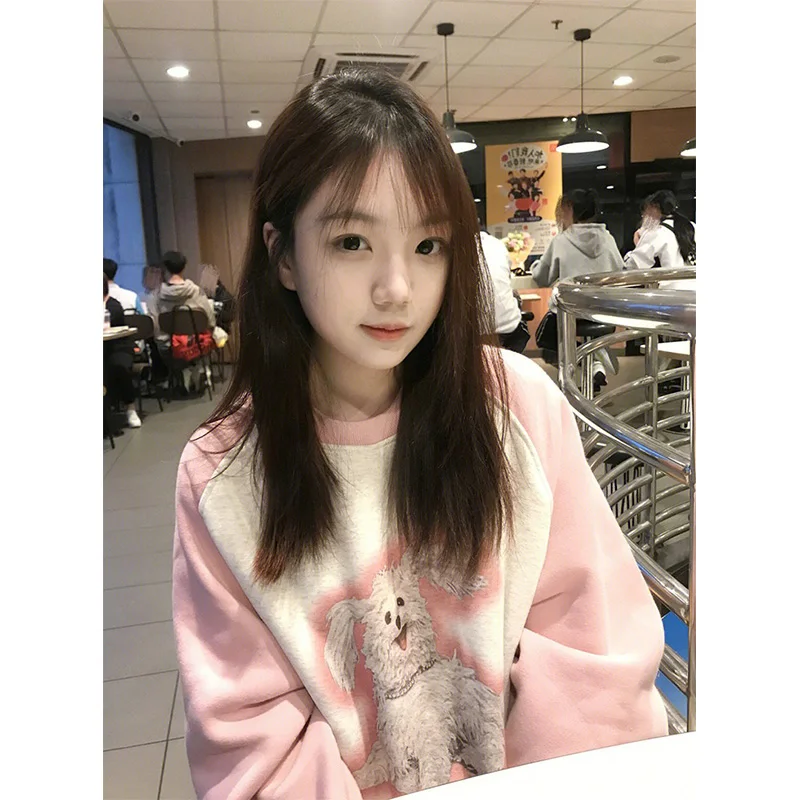 Felpa americana retrò rotonda Ne Dog oulder da donna autunno inverno oversize trendy taglia piccola Fce Thiened Top