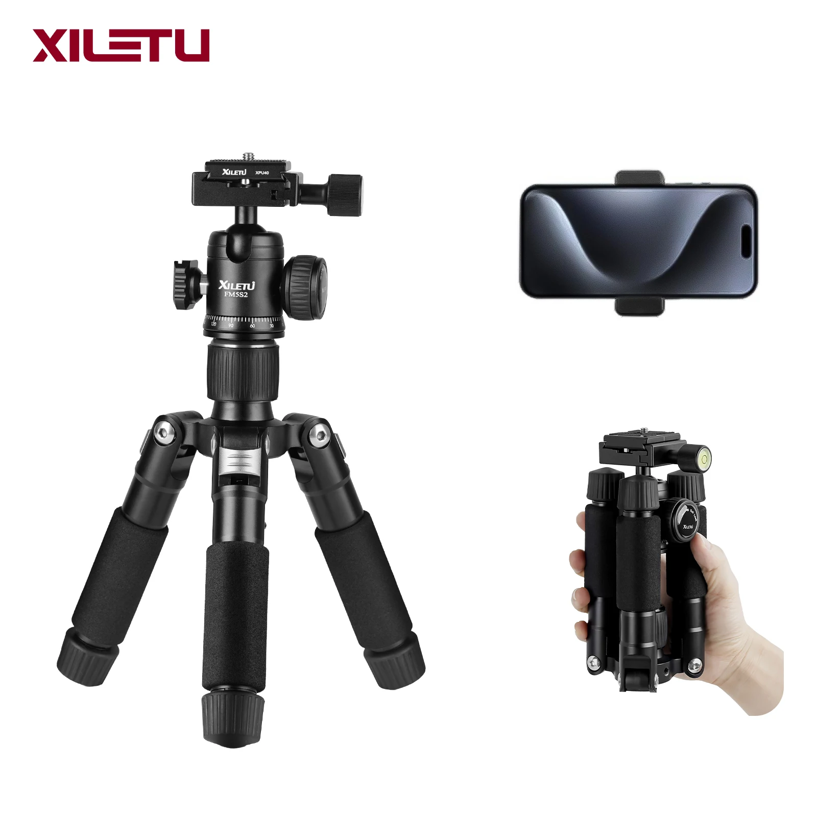 Trépied léger XILETU à 5 sections, hauteur réglable, avec griffe porte-accessoire détachable pour appareils photo reflex numériques, hybrides et objectifs téléobjectifs