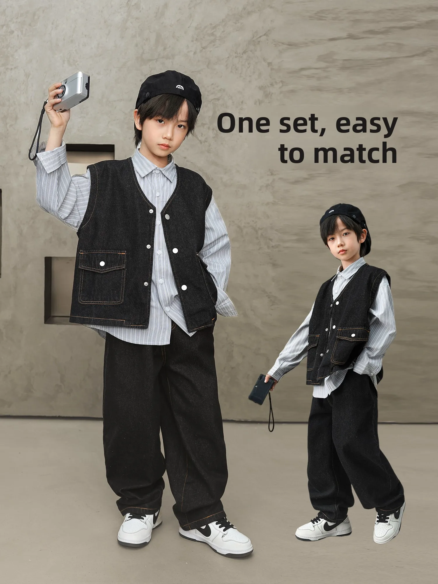 ルソン-ボーイズ-カジュアル-デニムベスト＆パンツセット-春の新作-子供服-快適で通気性のある軽量3ピーススーツ