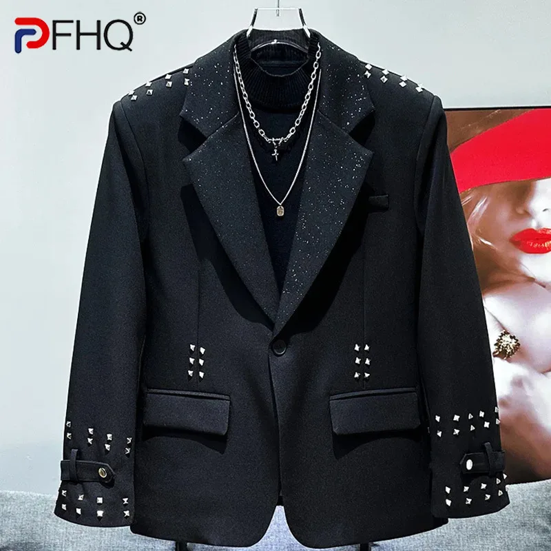 PFHQ Rivet Men's Suit Jacket Luxury Deconstructive Design Trendy Niche Shoulder Padded Male Blazer Solid Color Tops 21Z7719