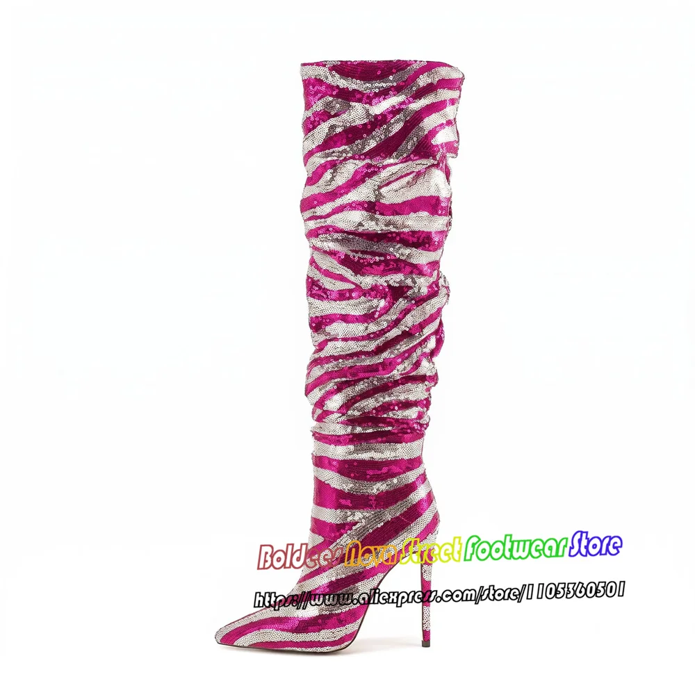 Beads Over The Knee Women Sexy Pointed Toe Piled Up Crystal Patterns Shiny Stiletto Heel Oversized Party Dress Long Boot