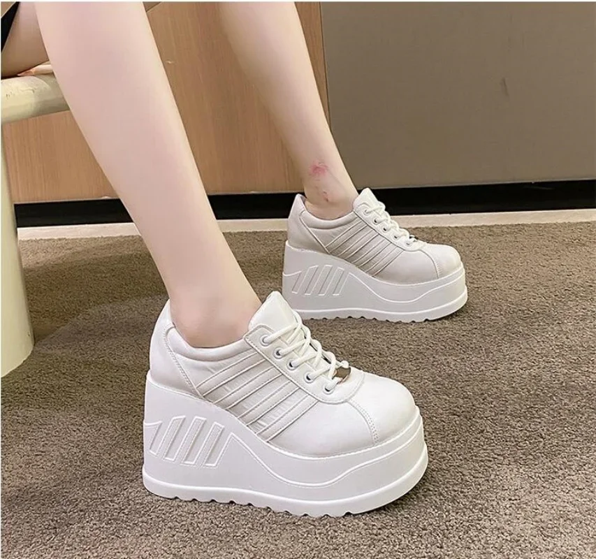 

White Shoes Women Lace Up pu Leather Wedges High Heel Pumps Shoes Female Breathable Chunky Platform Fashion Sneakers Size 35-41