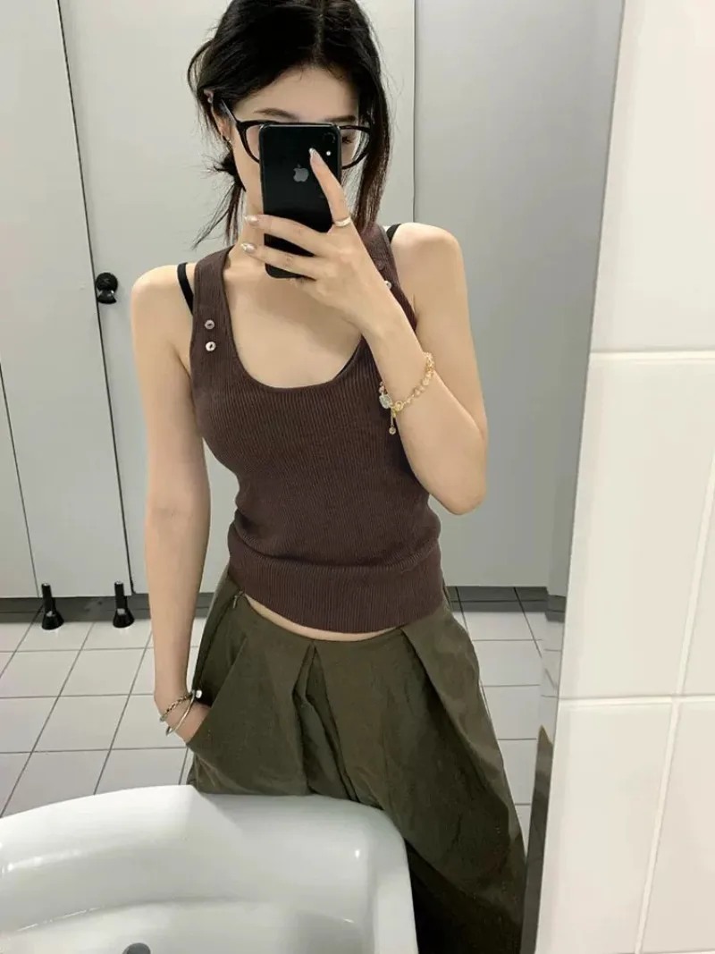 

Вязаные топы с U-образным вырезом, Ropa De Mujer, летняя одежда Camis, футболка Y2k, женские майки, футболки без рукавов с графикой
