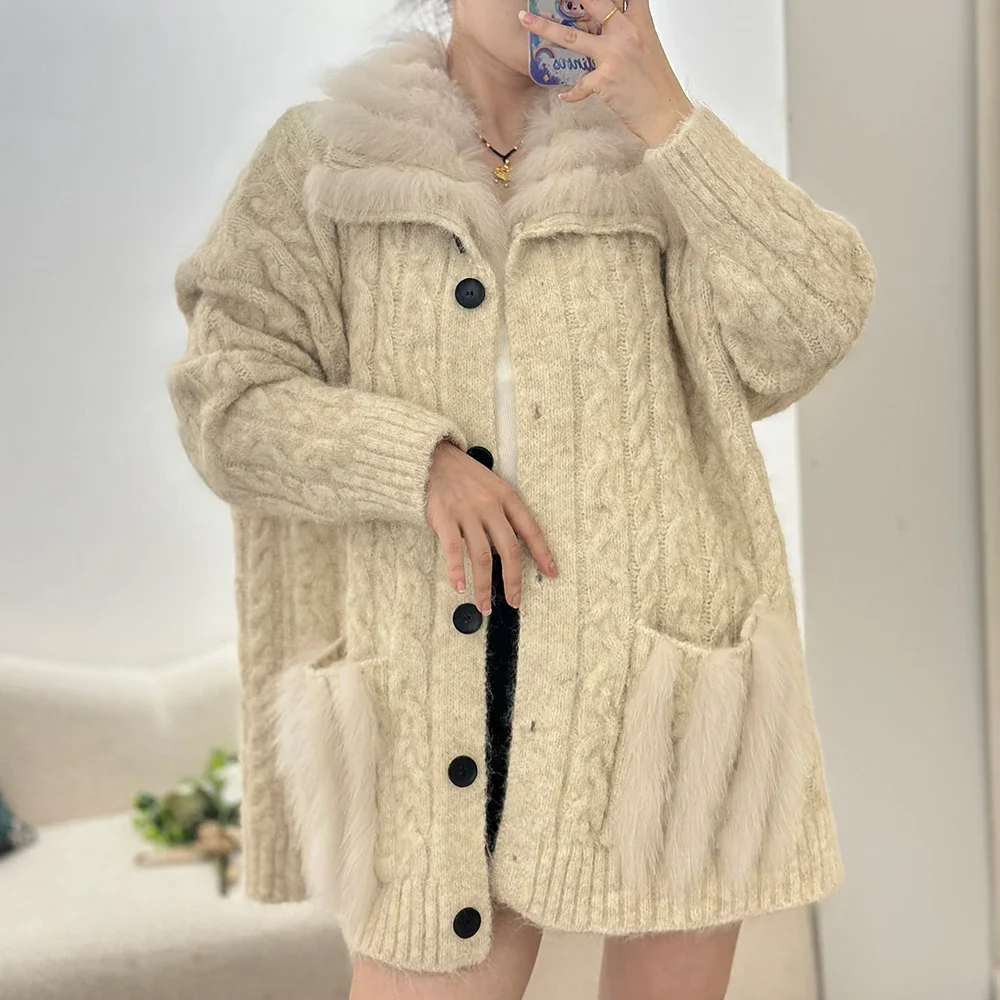 

OFTBUY куртка из лисьего меха, весенняя вязаная женская осенняя вязаная куртка-кардиган, свитер, пальто из натурального меха, полосатый трикотаж, верхняя одежда, женская