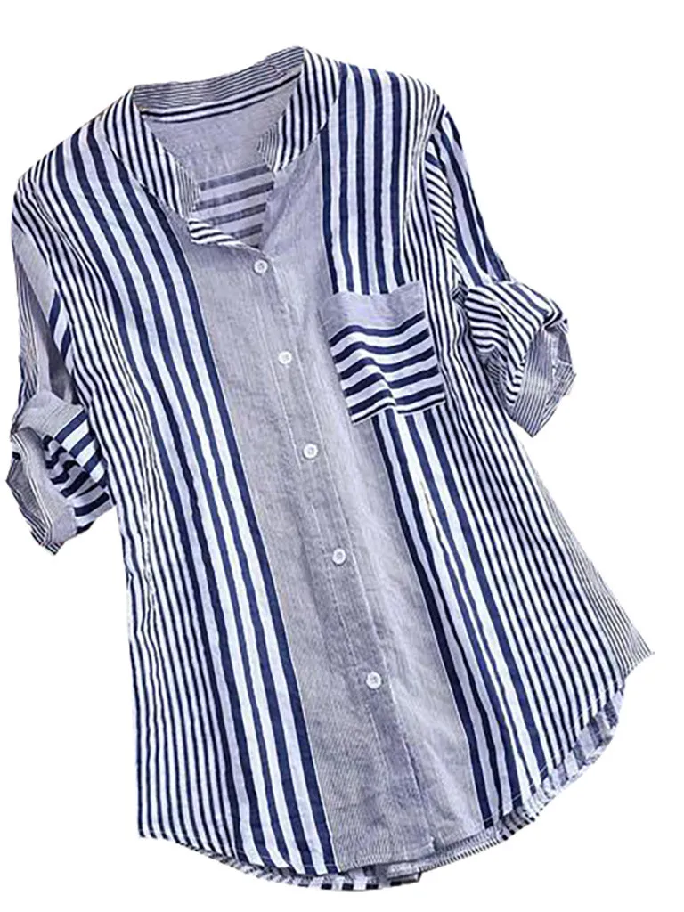 Loose Striped Women's irt Large Size Long Sve Street Sle V-Ne Button up Casual Summer Faion Ladies' Big Fit Top