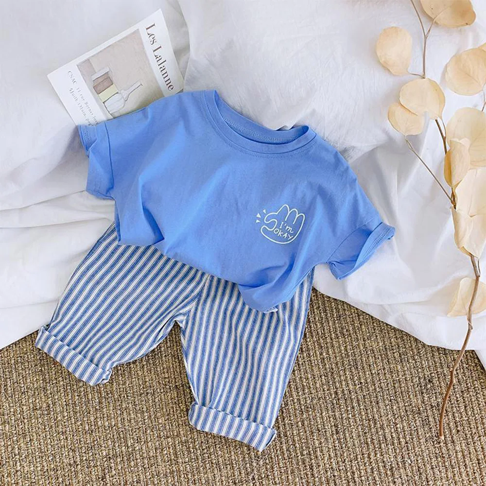 

Summer Children Clothes Sets Baby Boys Girls Short Sleeve T-shirts+Striped Pants 2Pcs Korean Style Casual Loose Kids T Shirts