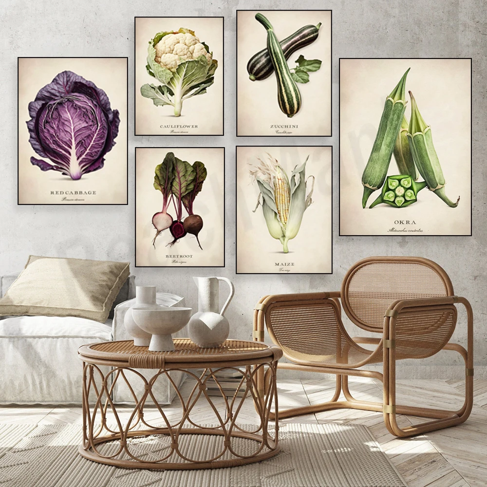 Vegetable art, cabbage, zucchini, onion, fennel, red cabbage, okra, peas, cauliflower, corn, endive kitchen decoration poster