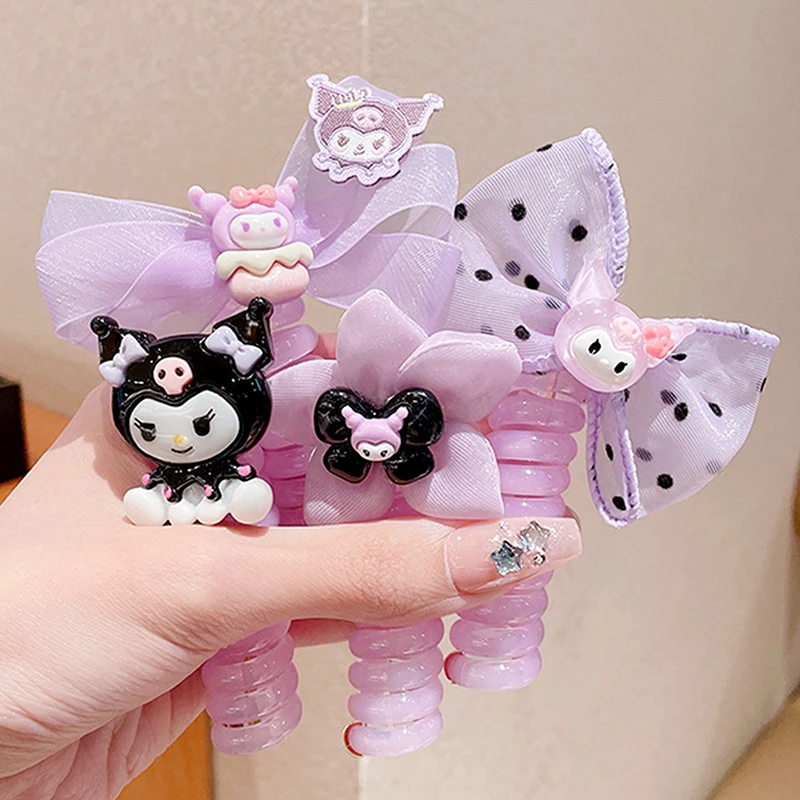 Kawaii Kuromi Bow Telephone Wire Hair Tie Sanrio Cartoon Cute Braided Elastic Hair Ring For Girls Sweet High Ponytail Headwear