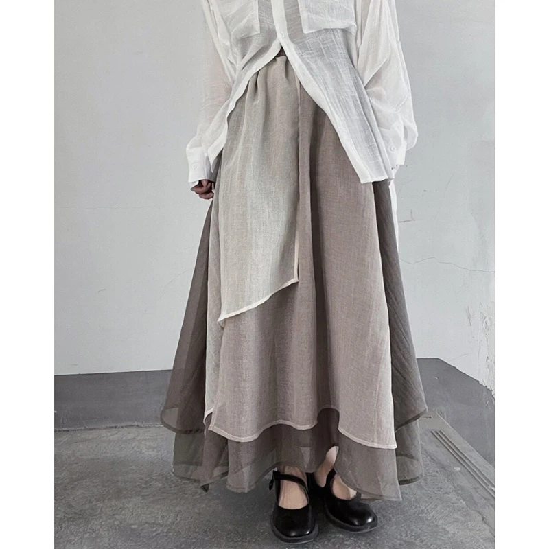 2026 New Arrival Spring/summer Women Loose Casual A-line Skirt Asymmetrical Patchwork Cotton Linen Ankle-length Skirts T152