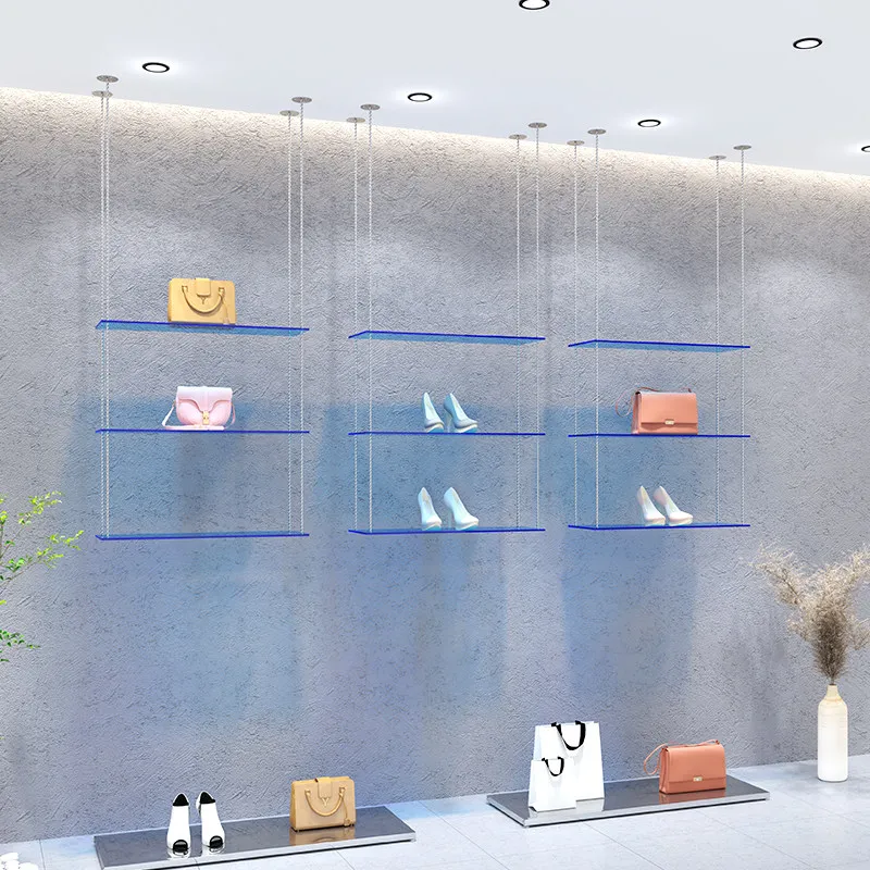 

Clothing store window display rack hanging on the wall multi-layer stainless steel light luxury shoe store shoe rack bag