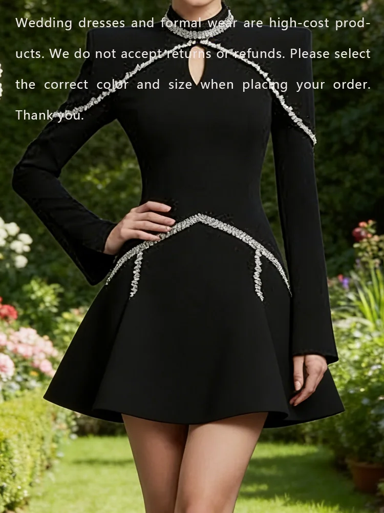 Classic High Collar Beading Full Sleeve A-Line Formal Evening Dresses Birthday Party Prom Gowns Customized