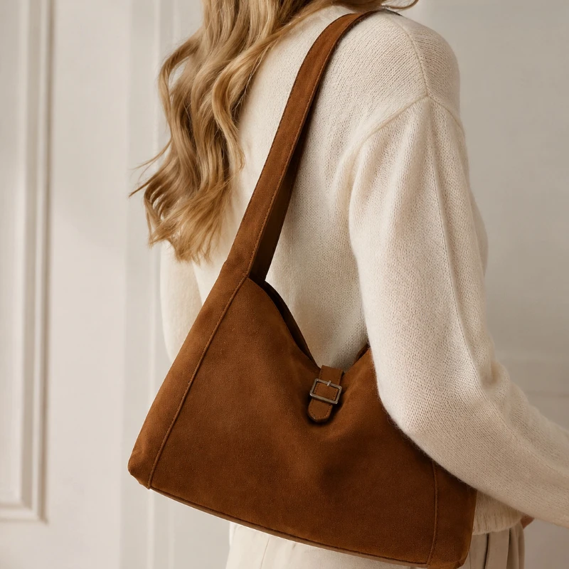 

Suede Genuine Leather Hobo Bag For Women Soft Underarm Bag With Metal Buckle Casual Shoulder Bag Ladies Daily Handbag