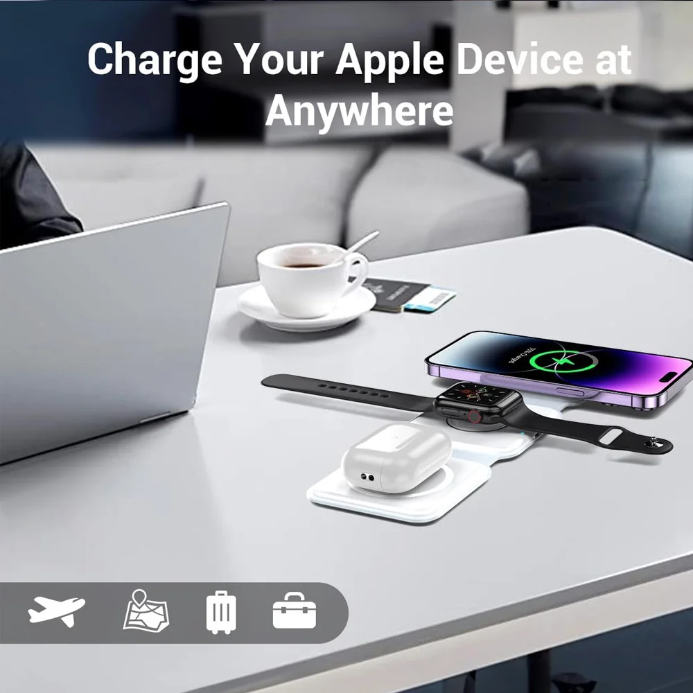 3-in-1 Wireless Charging Station for Apple Charger, Foldable Magnetic Travel Charger for iPhone Apple Watch AirPods Pro