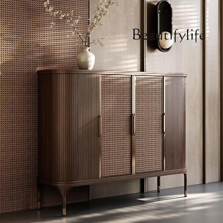 

Black walnut medieval side cabinet decorative locker retro rattan villa home storage