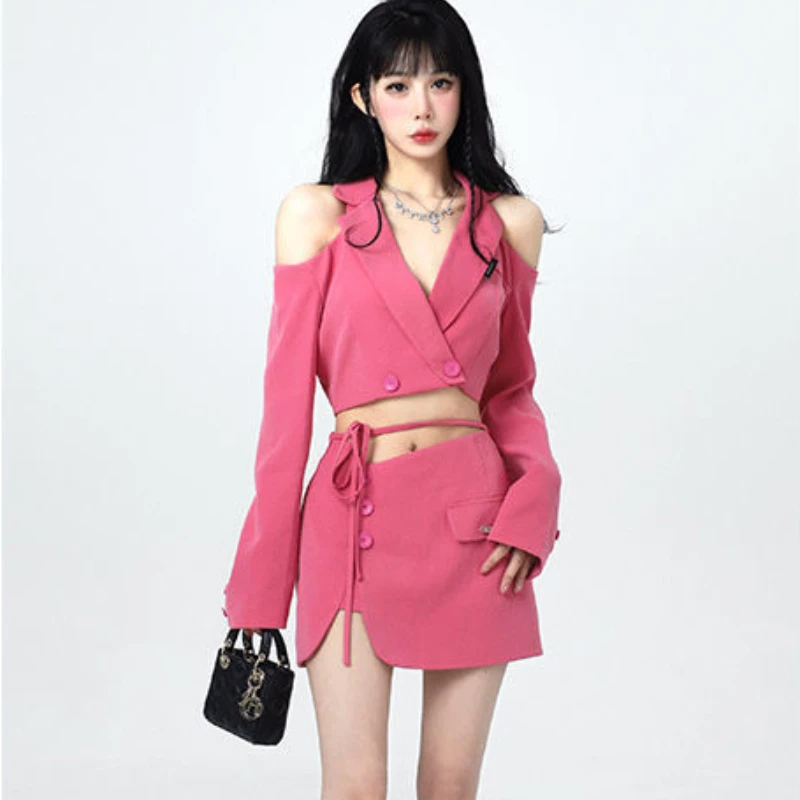 Off Shoulder Drawstring Skirts Sets Turn Down Collar Blazer Crop Tops Mini Sexy Female Slim Short Skirt 2022 Fashion Woman Set