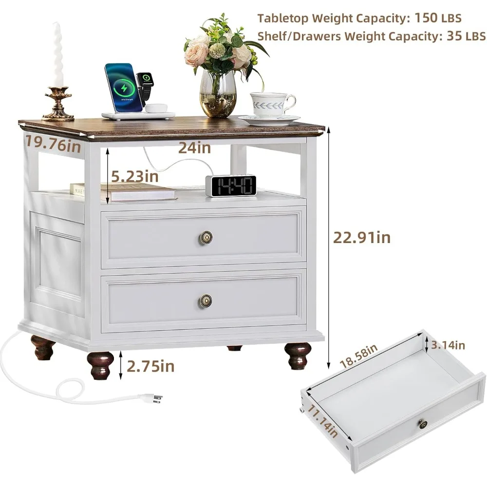 Набор из 2 тумбочек для фермерского дома с зарядной станцией, широкий торцевой столик шириной 24 дюйма с 2 ящиками, комод для спальни, прикроватный столик, комод