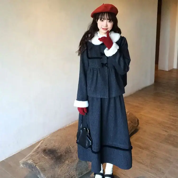 

Skirt Suit Woolen Coat Lapel Padded Jacket + A-Line Skirt Winter New High-End Full Set Loose Fit Women'S Two-Piece Set