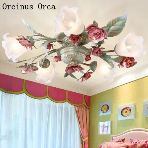 

Mediterranean pink flower and grass ceiling lamp living room dining room bedroom Korean idyllic romantic iron rose ceiling lamp