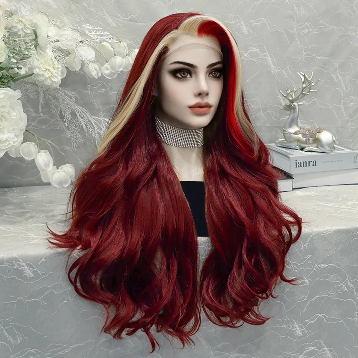 13*3 Stripe Lace Frontal Wig, 28inch Long Wavy Red with Blonde Streak Lace Front Wig,Stylish and Versatile Fake Hair