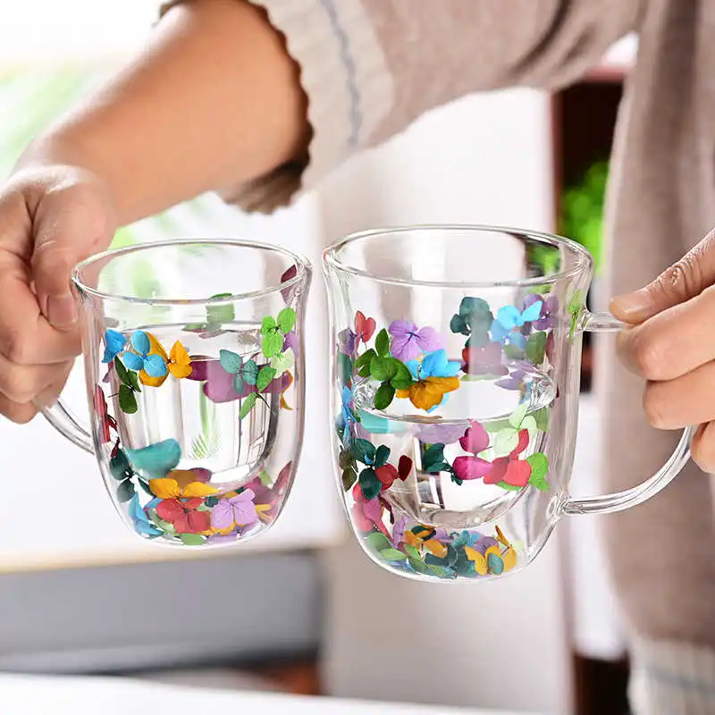 

Double-layer real flower glass water cup, heat insulation and high temperature resistance, household milk cup, coffee cup