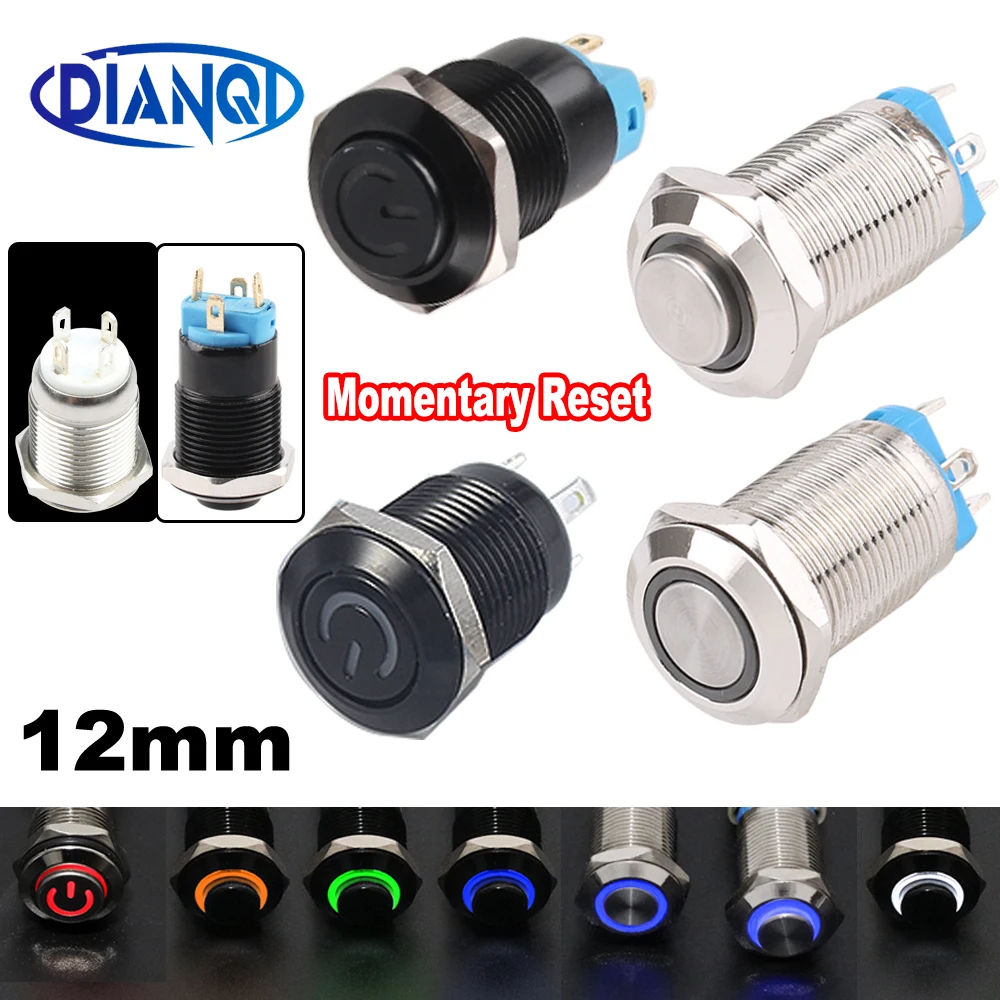 4 Pin 12mm LED Light 3V 5V 6V12V 24V 220V Metal push button Switches Momentary auto reset waterproof Ring Flat power mark Short