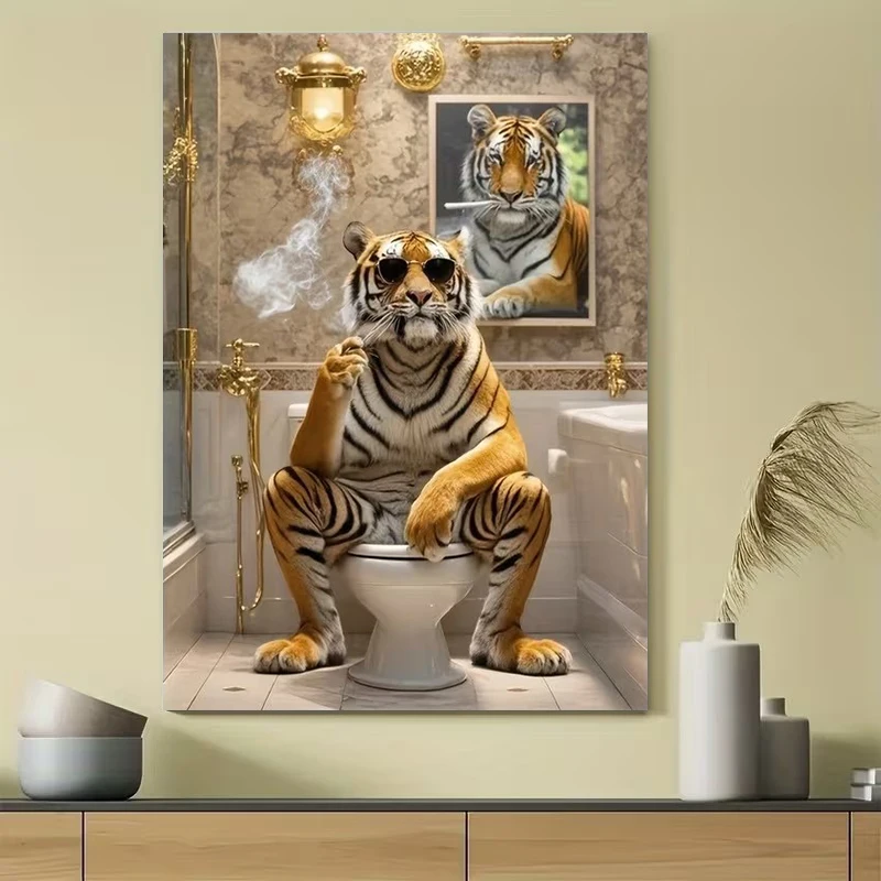 Tiger Wear Sunglasses Smoking in The Bathroom Poster and Prints Canvas Painting Wall Art Picture Living Room Home Decor Cuadros